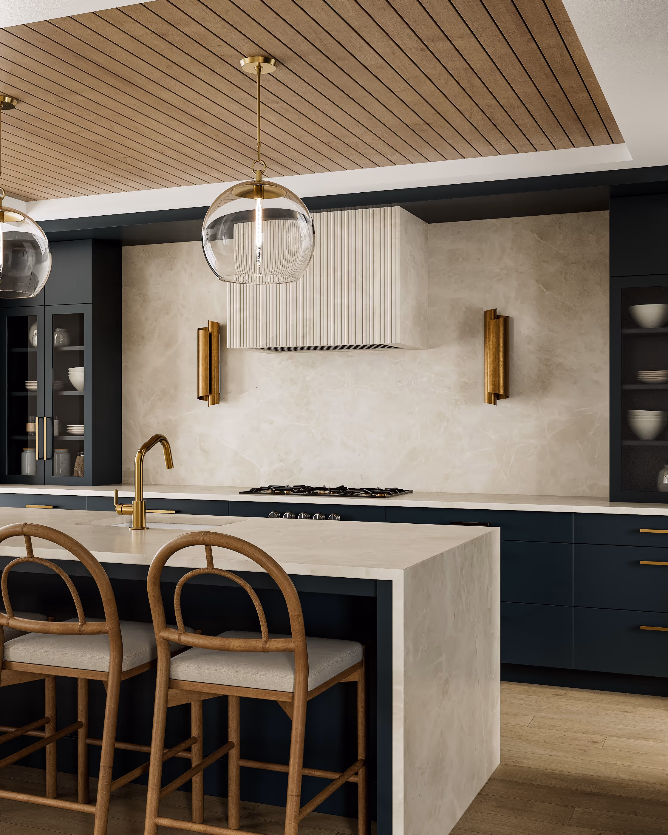 Photorealistic kitchen rendering with a central island and warm cabinetry